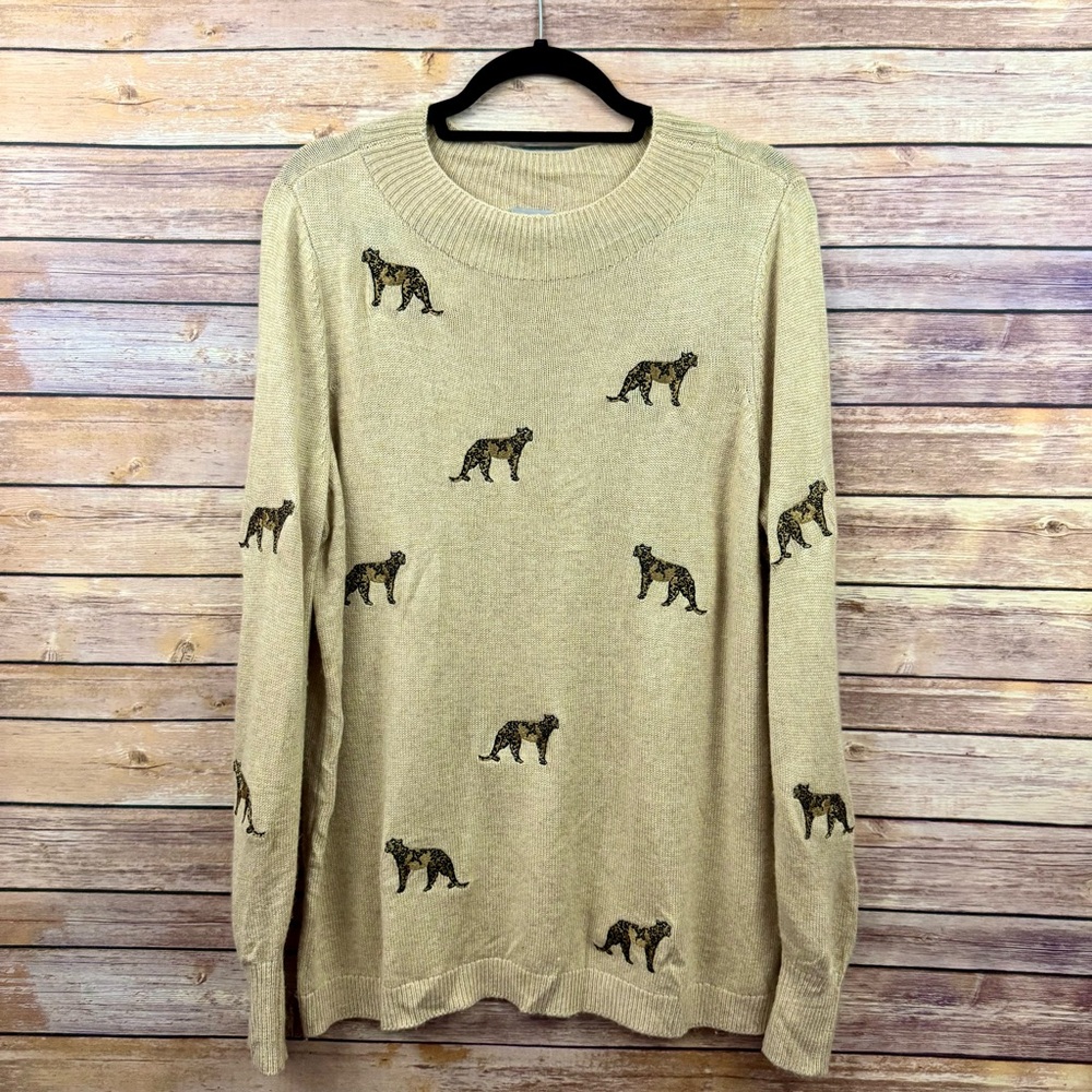 Chico’s Women’s Cashmere Blend Cheetah Embroidered Long Sleeve Sweater 0/S